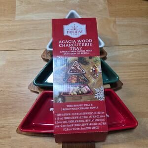 Holiday Time Christmas Tree Charcuterie Board Acacia Wood 3 Ceramic Bowls NWT